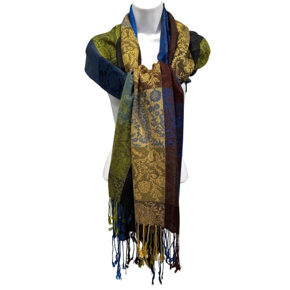Pashmina Cashmere Silk Scarf Wrap Fringe Floral Stripe Jewel Tone Blue Gold - Picture 1 of 8
